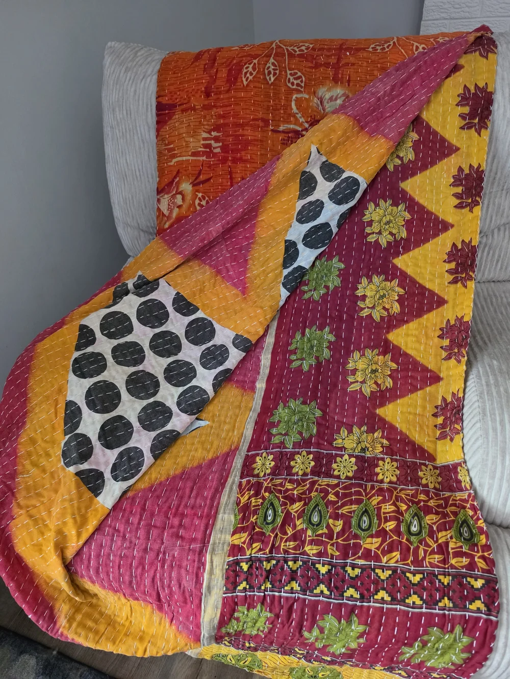 Kantha Quilt Recycled Indian Sari Fabric Cotton Blanket Handstitched  86x52